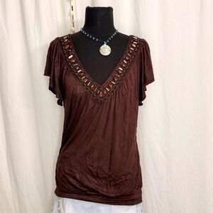 Wrapper Y2K Brown Beaded Embellished Bubble Hem Boho Top Size M